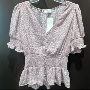 Sienna Sky Pink Puff Sleeve Peplum Blouse, Size M- NWT